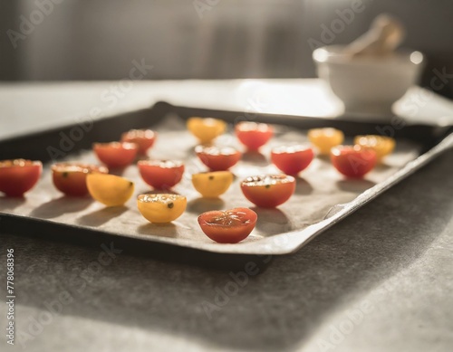 Cherry tomatoes cut in half and arranged on a baking sheet, ready to be oven-dried, set in a kitchen filled with afternoon light, preparing for preservation