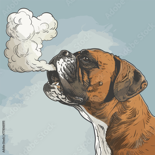 Sketched boxer dog with smoke, blue background.
