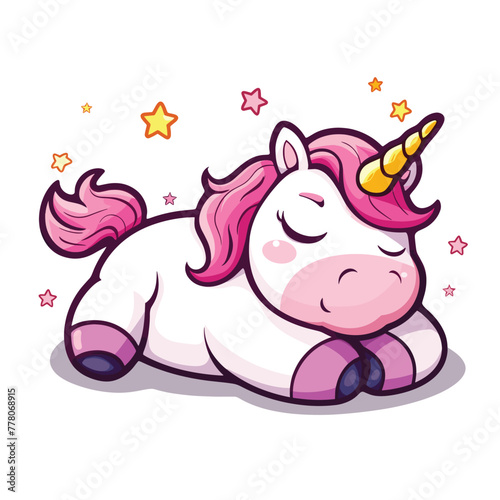 Cartoon unicorn asleep among stars.
