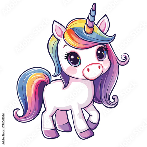 Colorful cartoon unicorn, big expressive eyes. 