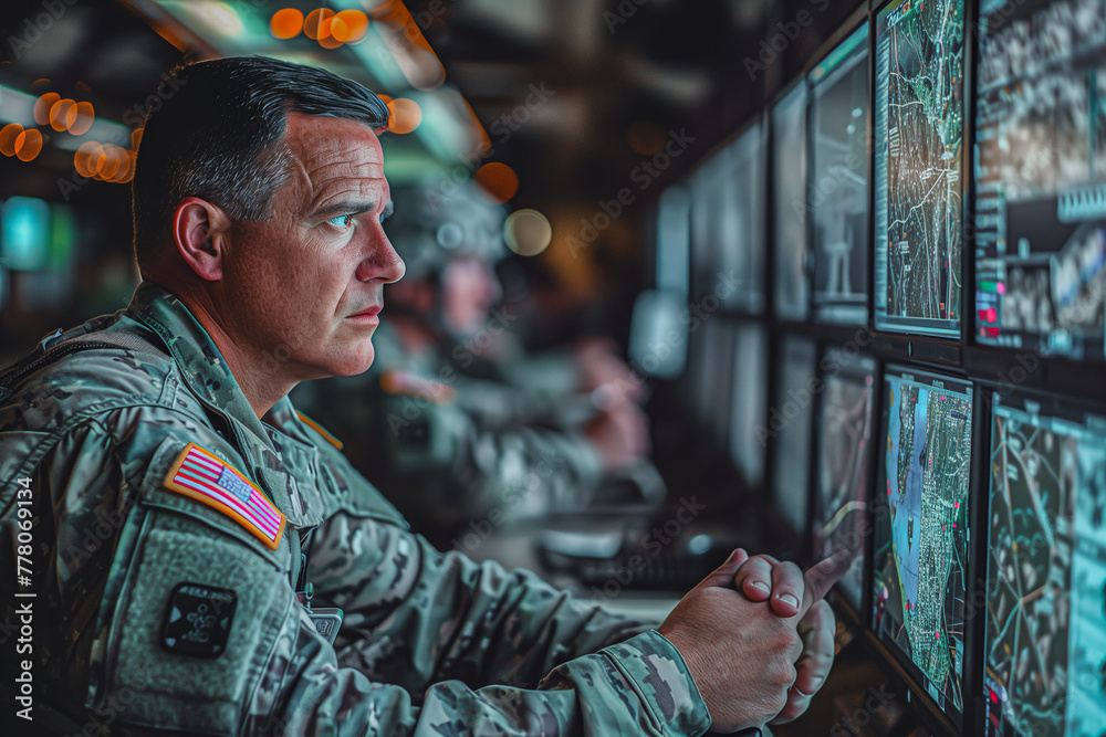 Military Man Observing Display Screen - obrazy, fototapety, plakaty 