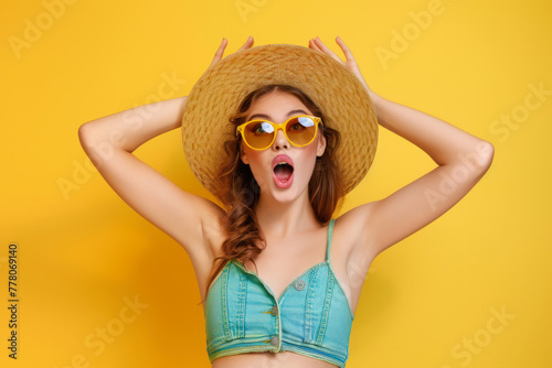Young fashion handsome woman is Surprised and excited in summer isolated color background