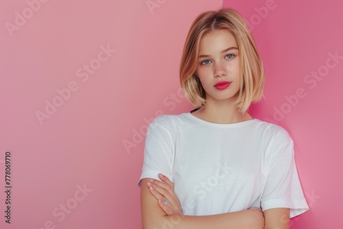 Cute young woman blonde hair with bob haircut pink background photo