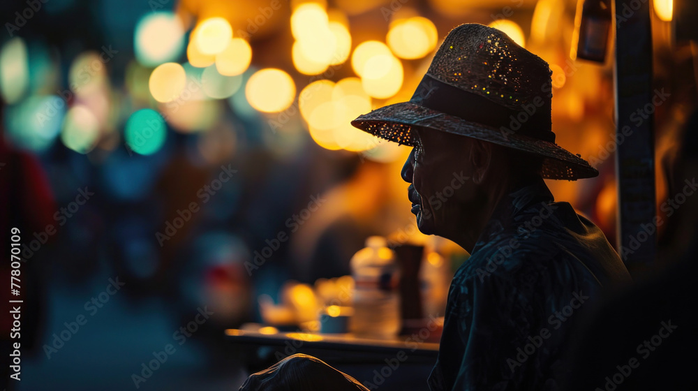 Street vendor, visible under the city lights Street vendor, visible under the city lights