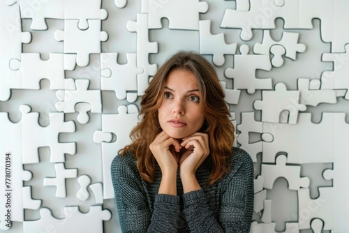 Puzzle headed thoughtful businesswoman portrait. Solution, decision and brainstorm concept photo