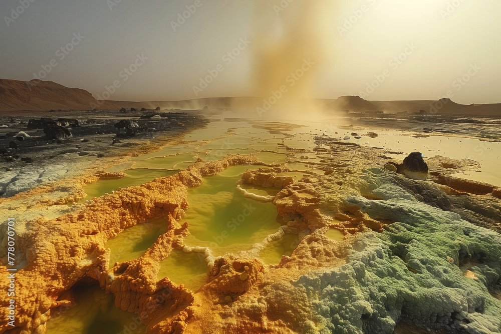 geothermal water outlet with yellow mineral deposits in desert volcanic area