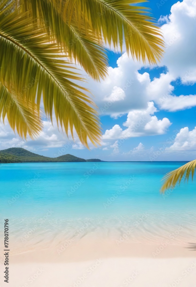 Tropical beach, blue sky and sea, white sand, palm trees, summer composition, concept for advertising design, posters, landscape background. 9:16 format