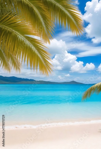 Tropical beach, blue sky and sea, white sand, palm trees, summer composition, concept for advertising design, posters, landscape background. 9:16 format © Pink Zebra