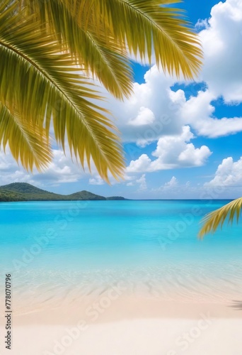 Tropical beach, blue sky and sea, white sand, palm trees, summer composition, concept for advertising design, posters, landscape background. 9:16 format