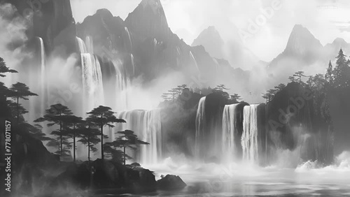流れ落ちる滝と自然風景,Generative AI 