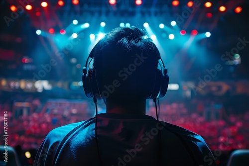 View from the rear of professional cybersport gamers donning headphones. Generative Ai photo