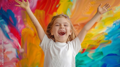 Children‚Äôs joy is beautifully captured in white T-shirts against vivid backgrounds photo