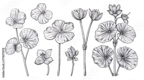 A collection of hand-drawn, monochromatic drawings of Centella asiatica leaves and flowers, in an engraved style for use in labels, stickers, menus, and packaging.