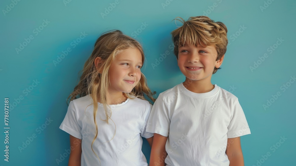 Children’s innocence is charmingly portrayed in white T-shirts against bold backgrounds Children’s innocence is charmingly portrayed in white T-shirts against bold backgrounds