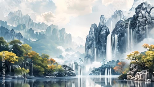 流れ落ちる滝と自然風景,Generative AI  photo