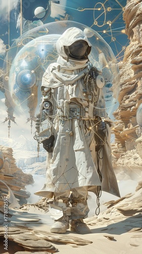 A bright portrait of an inventor in desert attire, surrounded by arcane symbols and nanotechnology prototypes, under the protective gaze of wards, 