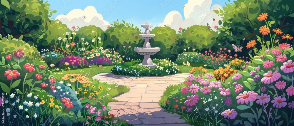 A beautiful garden with a fountain in the middle - obrazy, fototapety, plakaty 