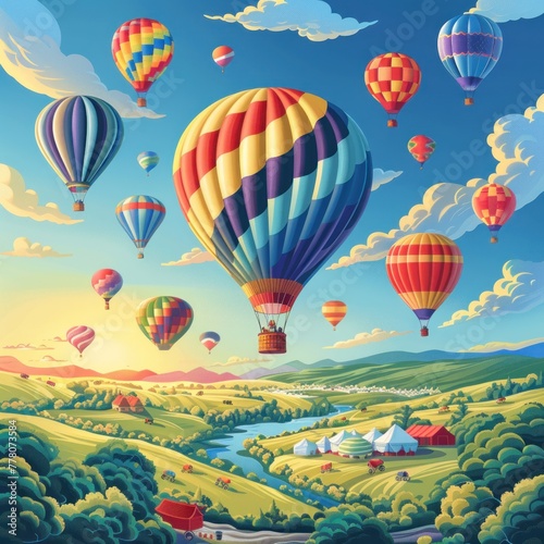 A painting of hot air balloons in the sky with a river