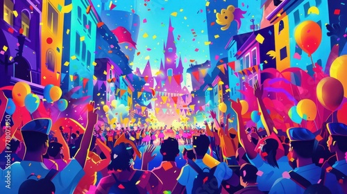 A colorful cityscape with a large crowd of people celebrating
