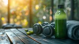Fitness-focused scene with a bottle of homemade green juice, dumbbells, and a towel on a wooden deck