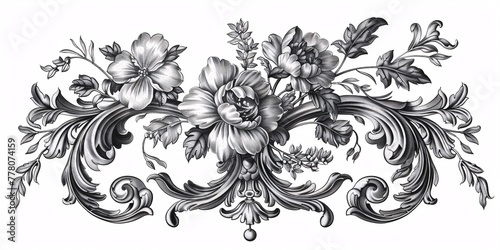 An intricate, antique design featuring flowers and swirls, perfect for a tattoo or decoration.