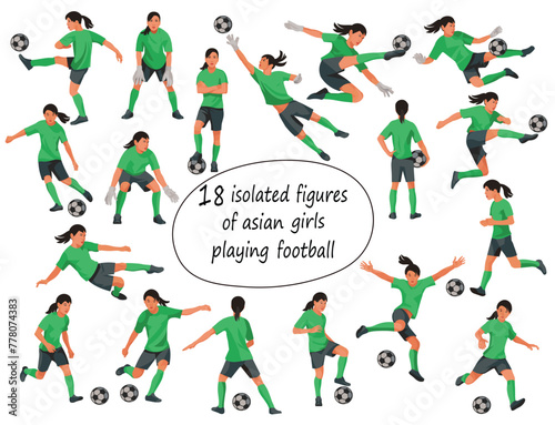 Vector isolated figures of Korean or Chinese teenage girls football players and goalkeepers in green equipment in various poses and motion