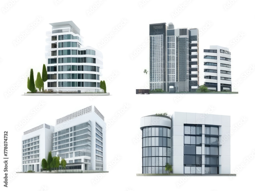 Different styles of modern buildings isolated on white background, high rise buildings. Different styles of modern buildings isolated on white background, high rise buildings.