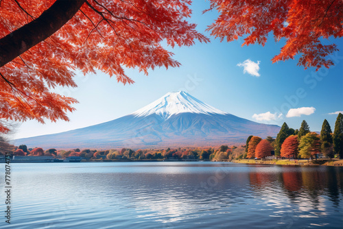 紅葉と山中湖に浮かぶ冠雪の富士山 photo