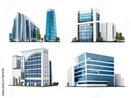 Different styles of modern buildings isolated on white background, high rise buildings.