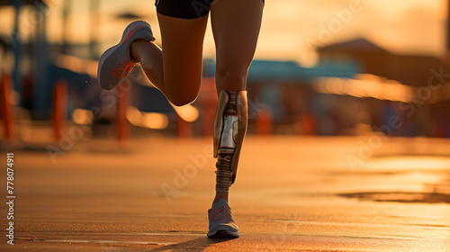 Athletic disabled fit man with prosthetic running blades is preparing for a training on an outdoor stadium on sunny day. Amputee runner is sitting and fixates his legs for run