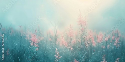 Beautiful Morning Light Pink Flowers in Foggy Field, Nature Landscape with Sun and Grass Meadow