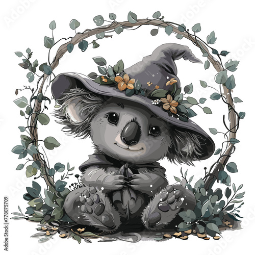 A vector illustration of a koala wearing a magical hat, on a white background.