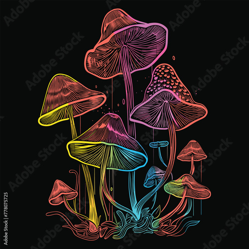 illustration of a mushroom. A vector illustration featuring vibrant mushrooms depicted in flat, psychedelic colors with intricate thin lines against a black background.
