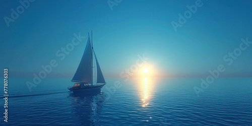 Sailboat sailing on the ocean at sunset with the sun rising in the background concept