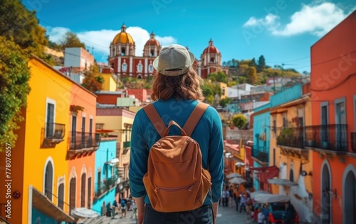 Traveler exploring colorful Mexican street