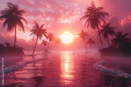 Beautiful Sunset With Palm Trees and Sun Reflecting in Water Generative AI
