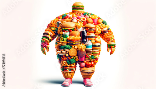 A human figure made of various fast foods on a light background, representing the concept of obesity and unhealthy eating habits. Generative AI photo