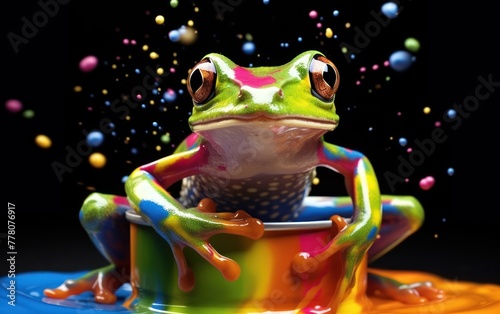 Frog with playful expression in paint