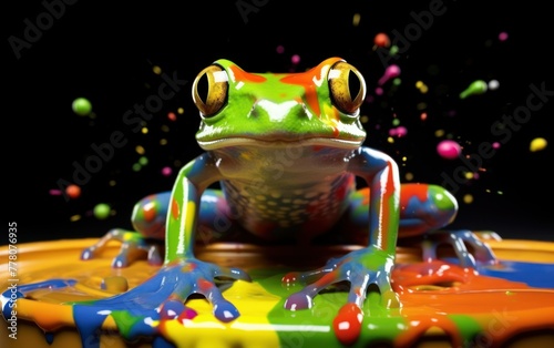 Alert frog amidst colorful paint splashes