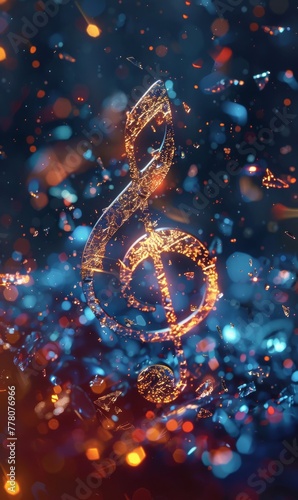 Glowing music note made from broken and shattered glass on beautiful defocused bokeh background.