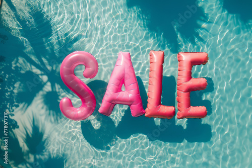 Overhead view of a swimming pool with the word sale spelled from inflatable pool floats