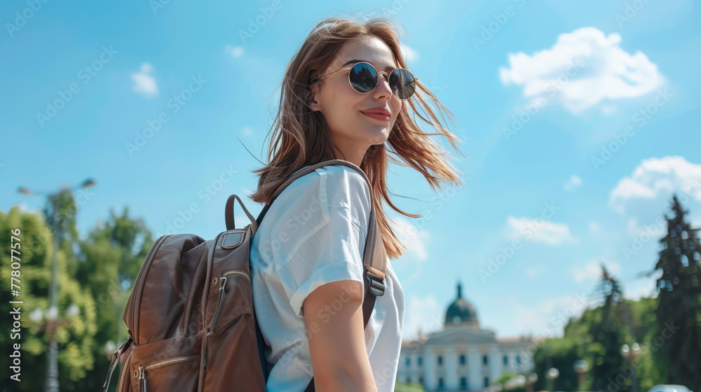 Young attractive female tourist walking around the square