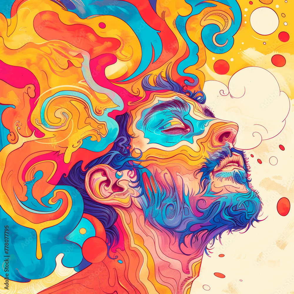 An illustrated profile of a man with vibrant, flowing colors and abstract elements on a plain background, embodying a concept of creativity. Generative AI An illustrated profile of a man with vibrant, flowing colors and abstract elements on a plain background, embodying a concept of creativity. Generative AI