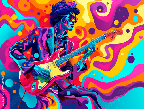 An illustrated musician playing an electric guitar, with a vibrant, psychedelic background expressing a concept of creativity in music. Generative AI