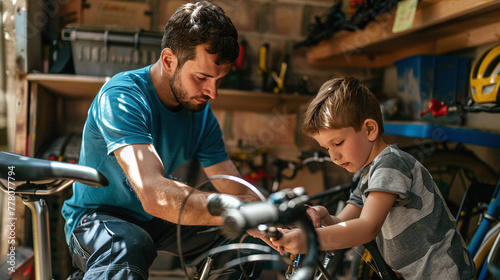 Father and son repairing a bicycle in the garage
