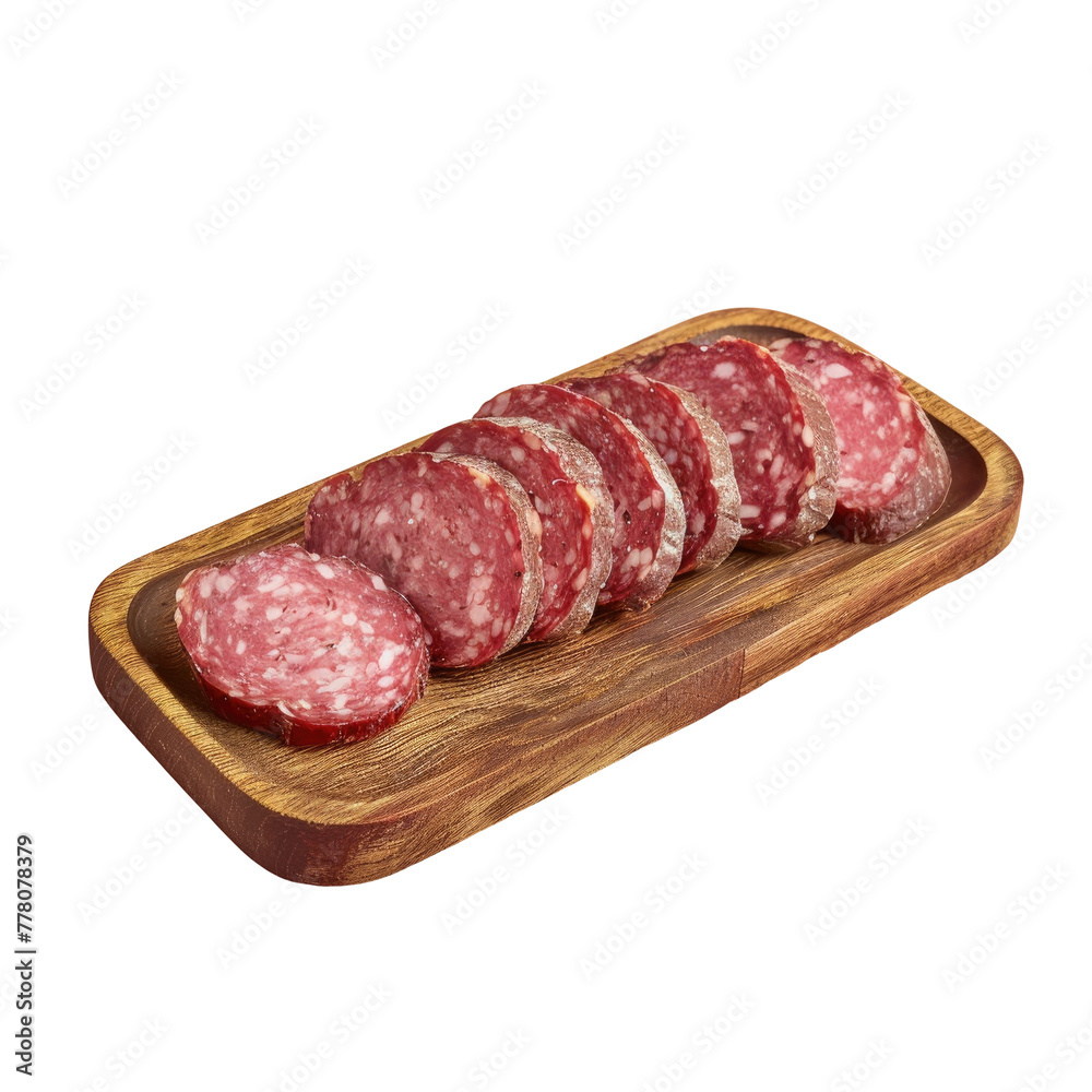 A wooden platter featuring sliced sausage A wooden platter featuring sliced sausage
