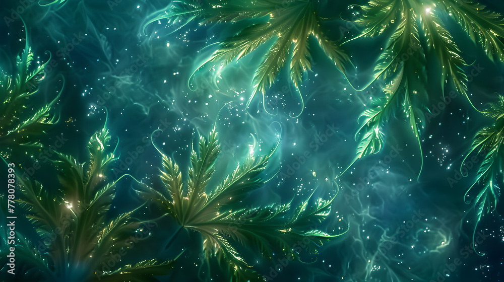 Fototapeta premium Stars and leaves intertwine dragon cosmic veins within leaves shimmering in emerald and sapphire against the night sky.