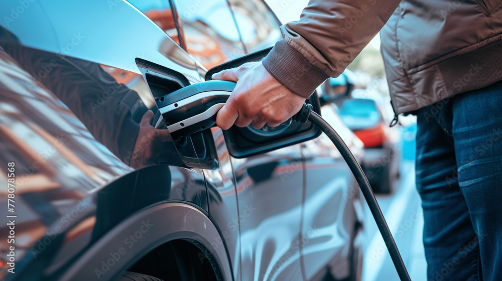 A man charges his electric car using an electric charger A man charges his electric car using an electric charger
