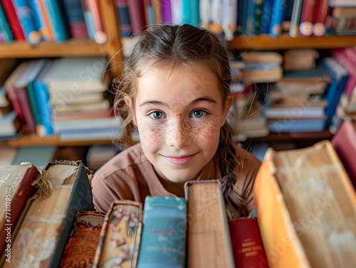 Young girl with braids organizing a book drive spreading the joy of reading and education through community service photo