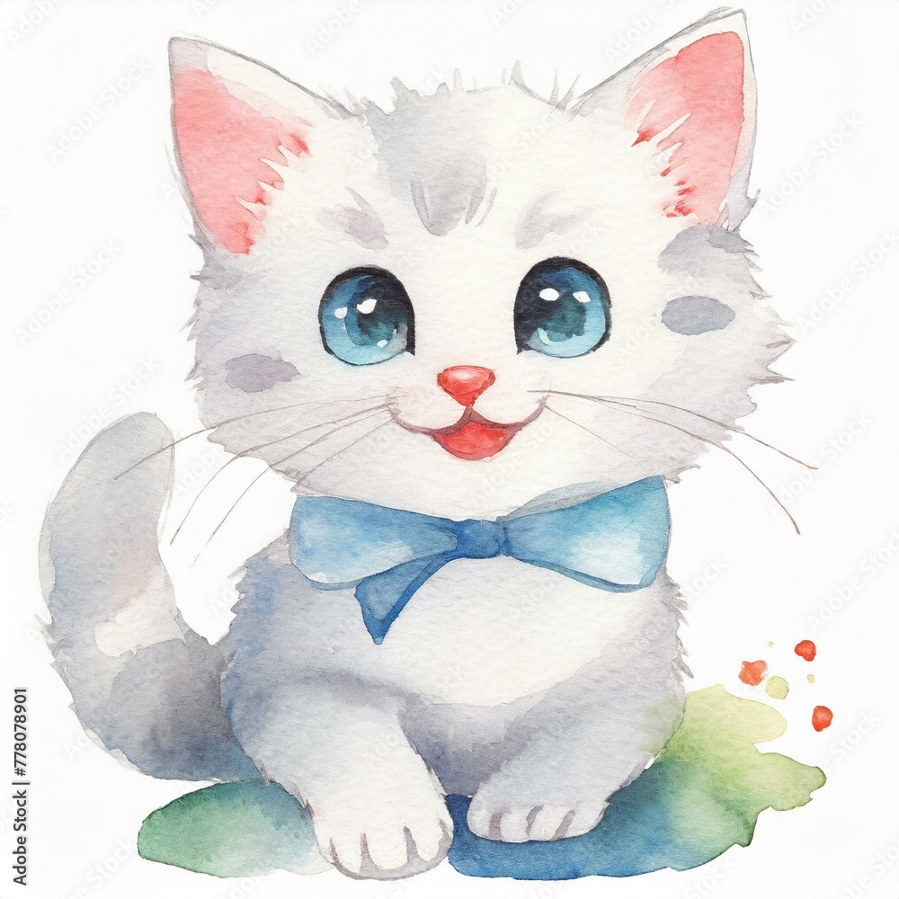 Namalowany mały uroczy kotek ilustracja - obrazy, fototapety, plakaty 
